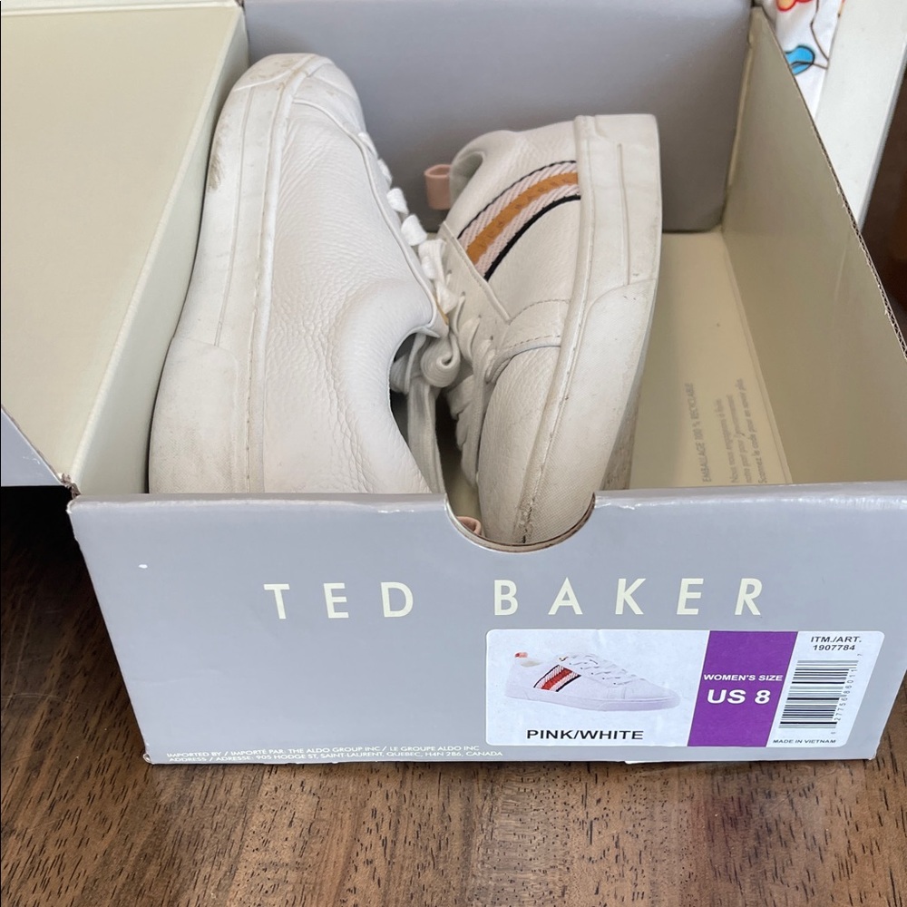Ted Baker White Leather Sneakers with Pink and Black Stripe